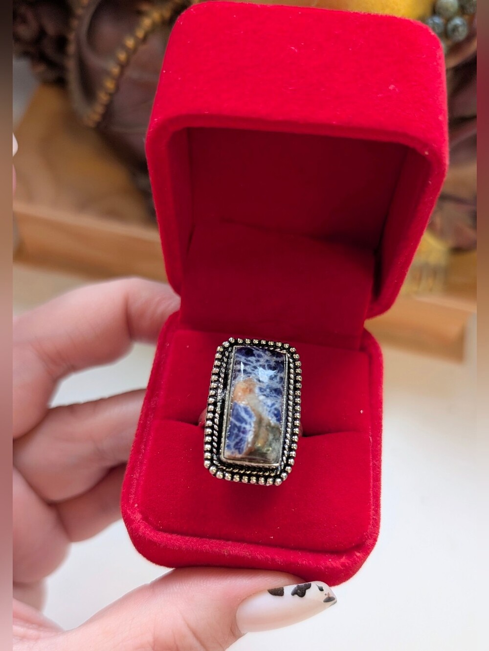 Vintage Handmade Sterling Silver Genuine Blue 💙 Sodalite  Statement Ring Size 9